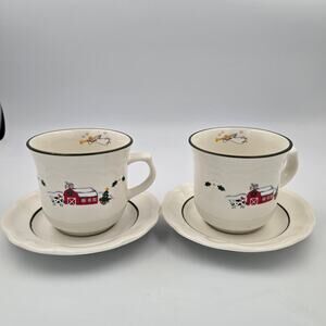Two Pfaltzgraff Christmas Snow Village Stoneware Cup and Saucer Sets
